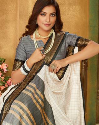 White black blended cotton  zari work saree with blouse 2