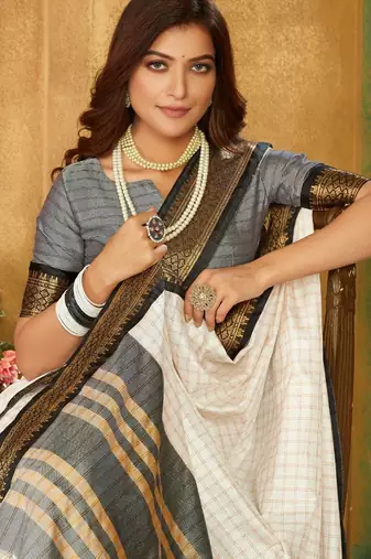 White black blended cotton  zari work saree with blouse