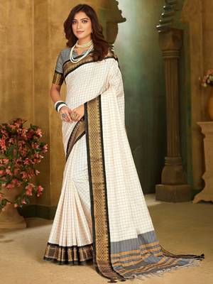 White black blended cotton  zari work saree with blouse 1