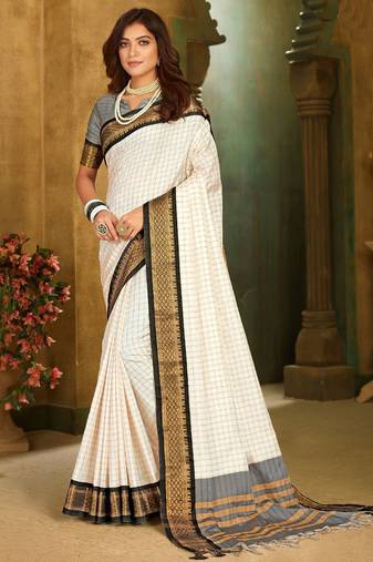 White black blended cotton  zari work saree with blouse