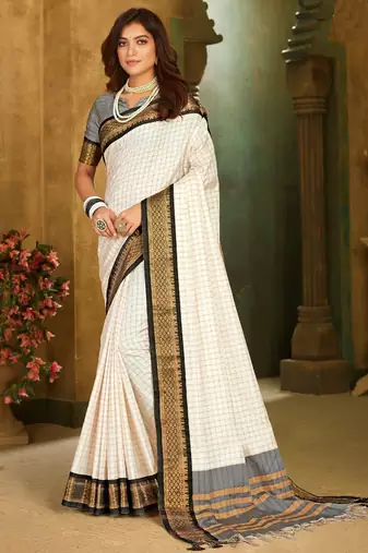 White black blended cotton  zari work saree with blouse