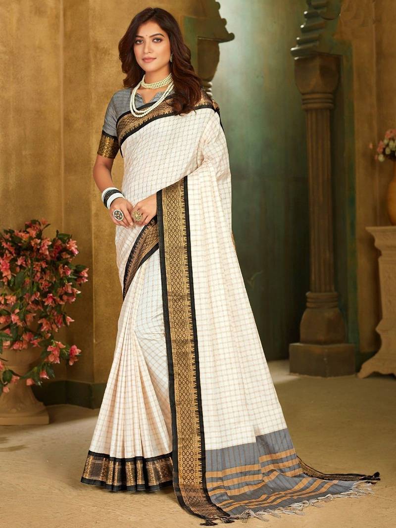 White black blended cotton  zari work saree with blouse
