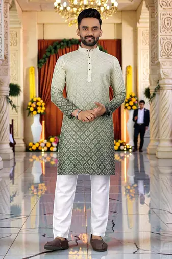  green  crochet embroidered men's  rayon kurta