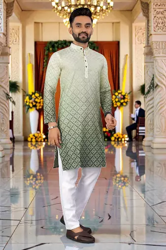  green  crochet embroidered men's  rayon kurta
