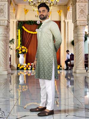  green  crochet embroidered men's  rayon kurta 4
