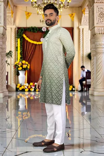 green  crochet embroidered men's  rayon kurta