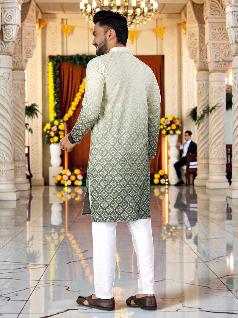  green  crochet embroidered men's  rayon kurta