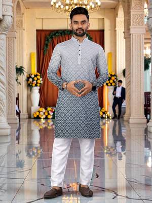  grey  crochet embroidered men's  rayon kurta 1