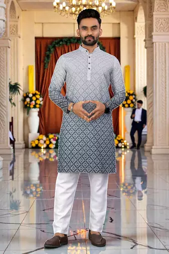  grey  crochet embroidered men's  rayon kurta