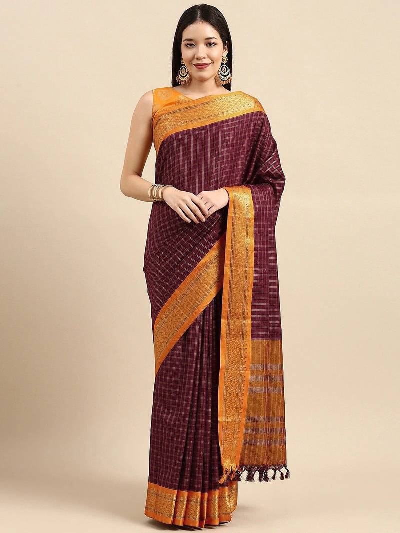Brown pure silk  zari work saree with blouse
