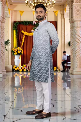  grey  crochet embroidered men's  rayon kurta