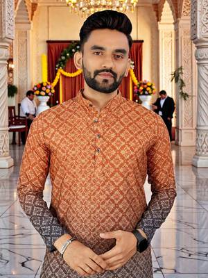  orange  crochet embroidered men's  rayon kurta 2