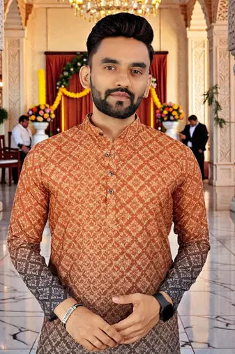  orange  crochet embroidered men's  rayon kurta