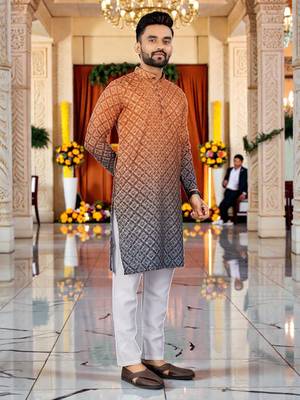  orange  crochet embroidered men's  rayon kurta 3