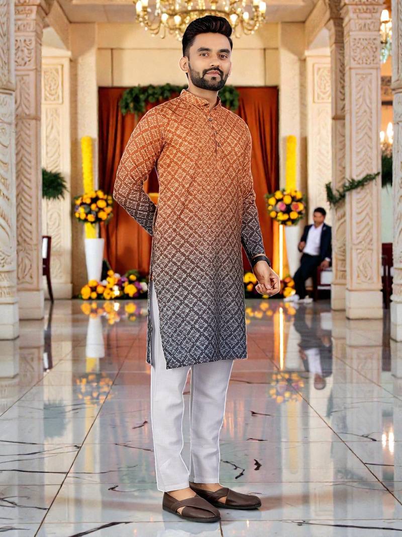  orange  crochet embroidered men's  rayon kurta