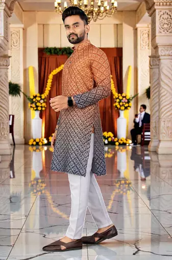  orange  crochet embroidered men's  rayon kurta