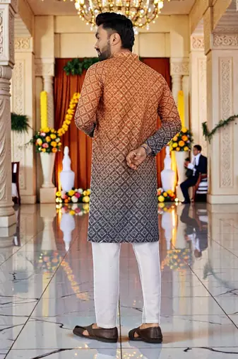  orange  crochet embroidered men's  rayon kurta