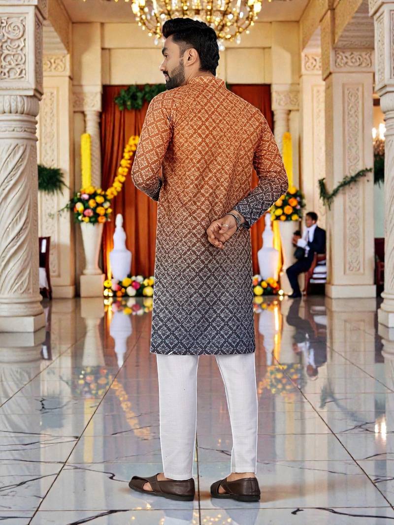  orange  crochet embroidered men's  rayon kurta