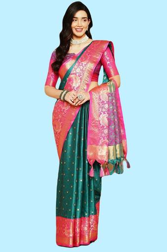Green jacquard  zari work saree with blouse