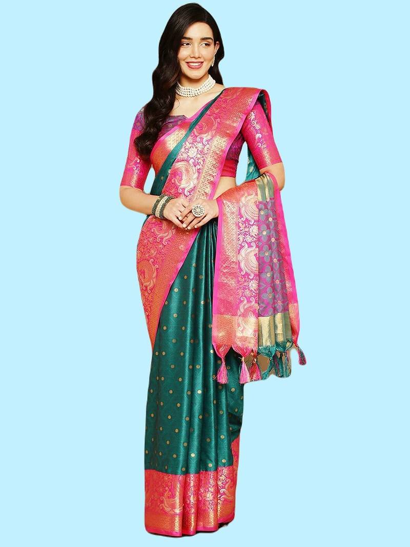 Green jacquard  zari work saree with blouse