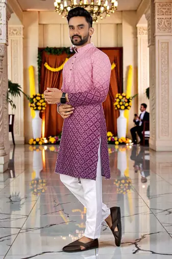  pink  crochet embroidered men's  rayon kurta