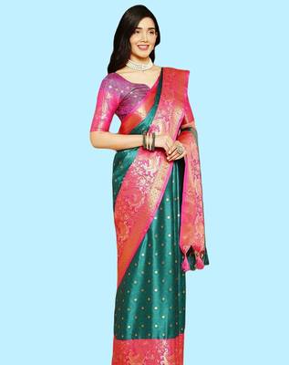 Green jacquard  zari work saree with blouse 3
