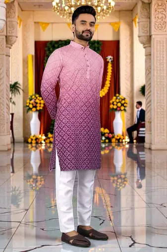  pink  crochet embroidered men's  rayon kurta
