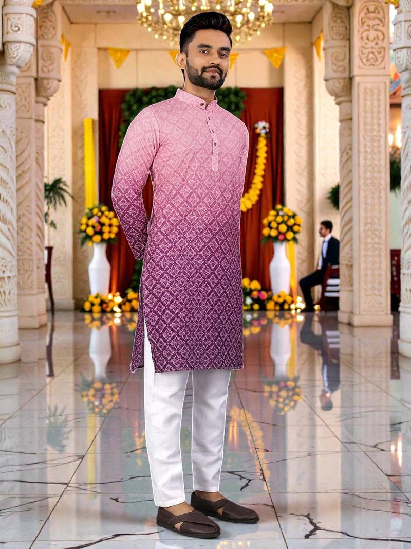  pink  crochet embroidered men's  rayon kurta