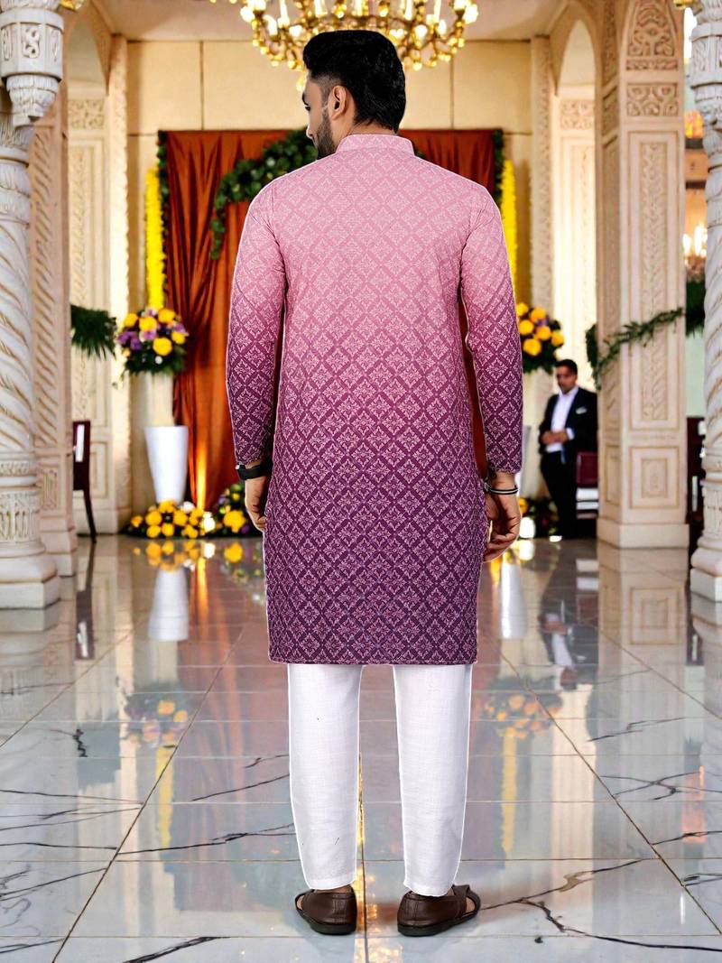  pink  crochet embroidered men's  rayon kurta