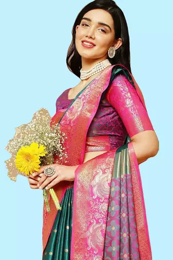 Green jacquard  zari work saree with blouse