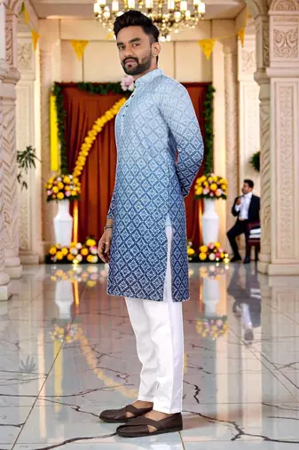  sky blue  crochet embroidered men's  rayon kurta