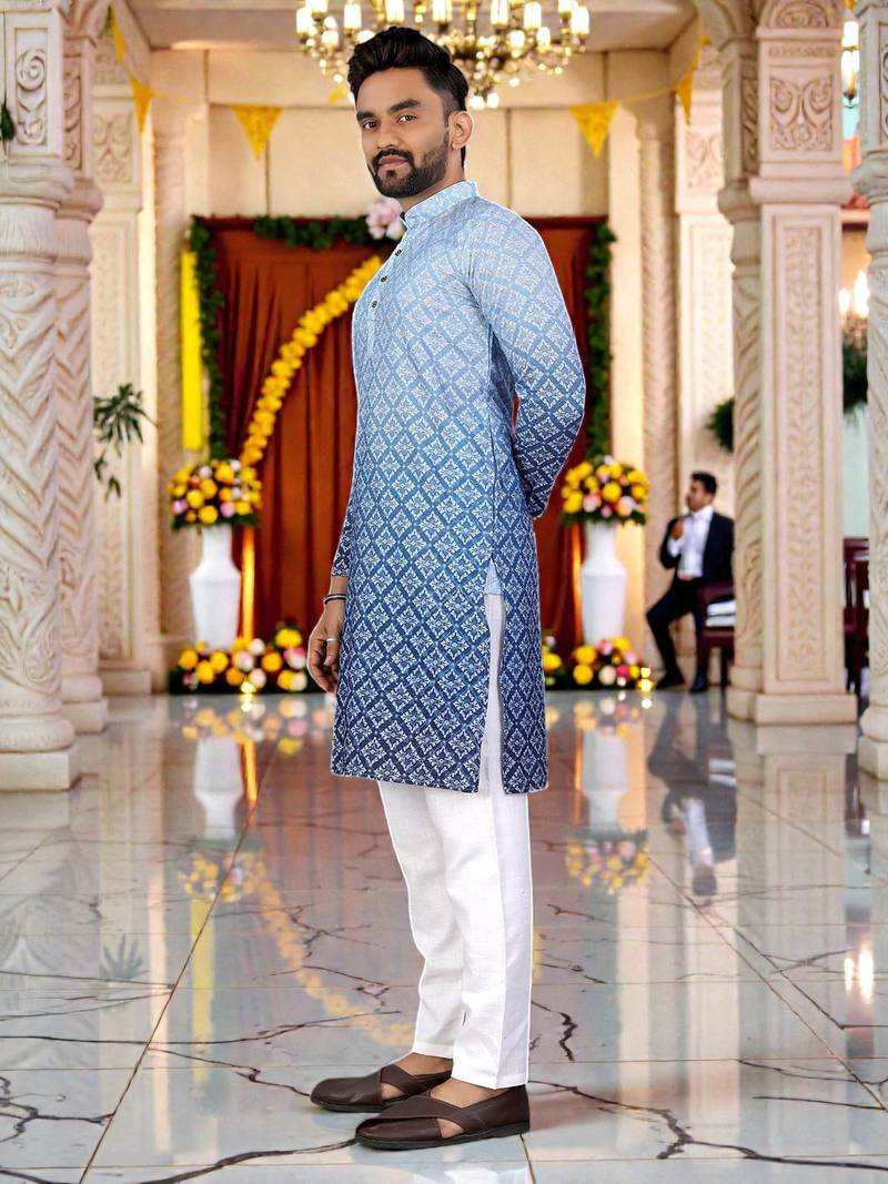  sky blue  crochet embroidered men's  rayon kurta