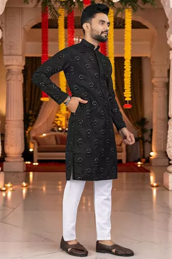  black embroidered men's  silk kurta