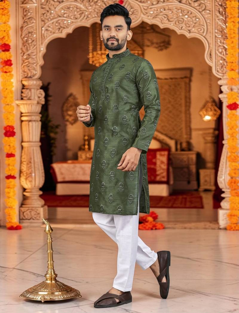  mahendi embroidered men's  silk kurta