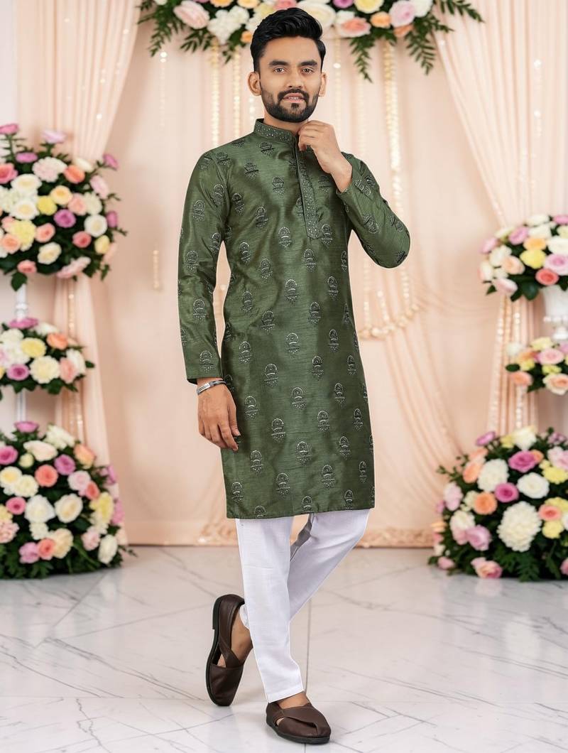  mahendi embroidered men's  silk kurta