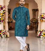  blue embroidered men's  silk kurta