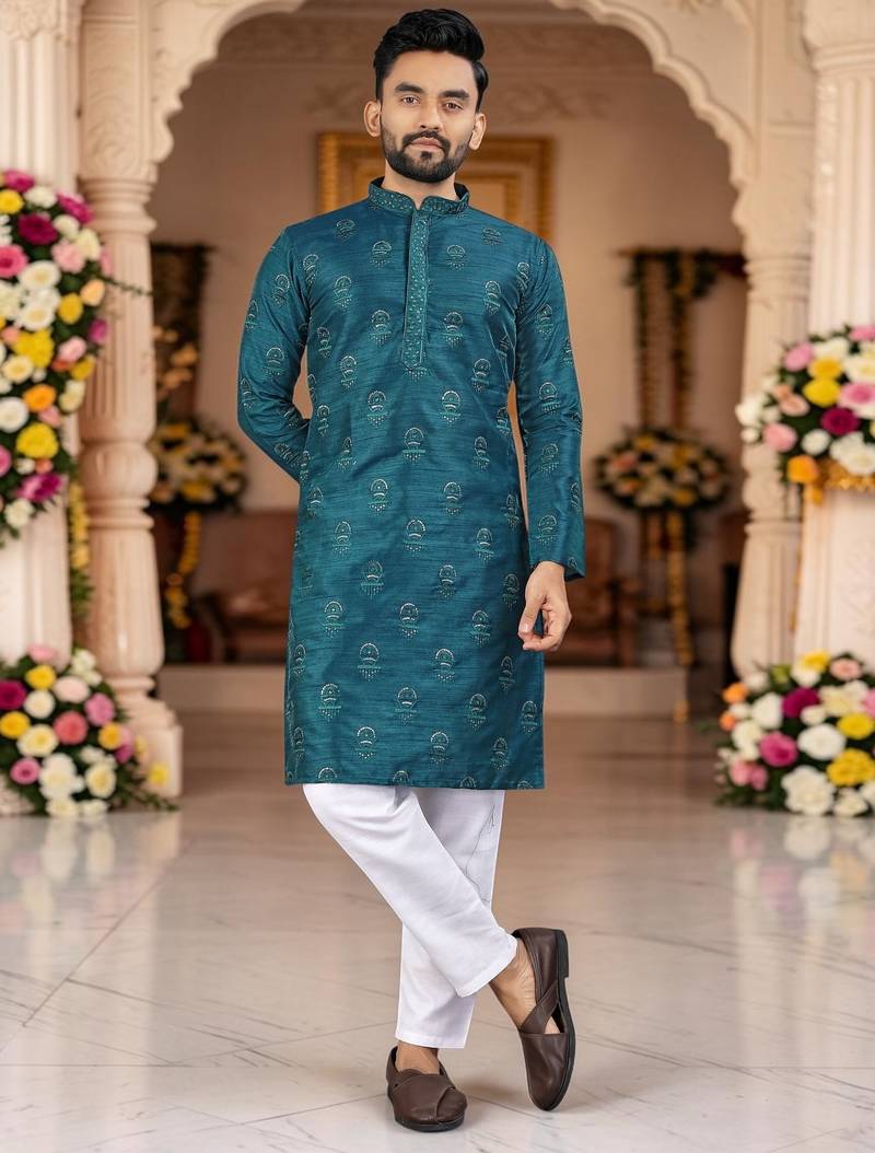  blue embroidered men's  silk kurta