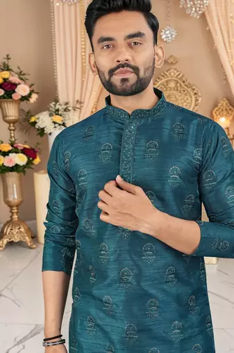  blue embroidered men's  silk kurta