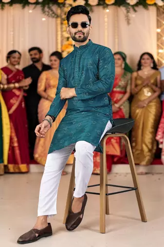  blue embroidered men's  silk kurta