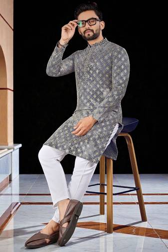 Blue  chikankari embroidered   men's  viscose rayon kurta