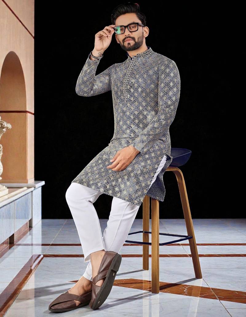 Blue  chikankari embroidered   men's  viscose rayon kurta