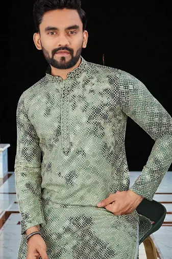 Green  chikankari embroidered   men's  viscose rayon kurta