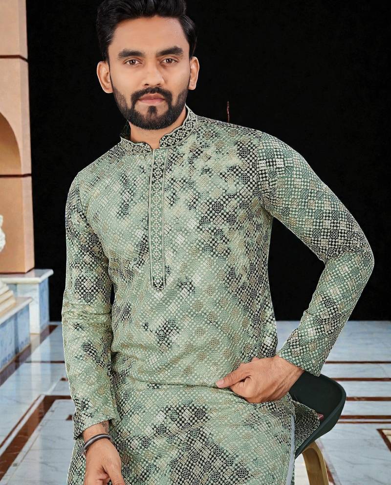 Green  chikankari embroidered   men's  viscose rayon kurta