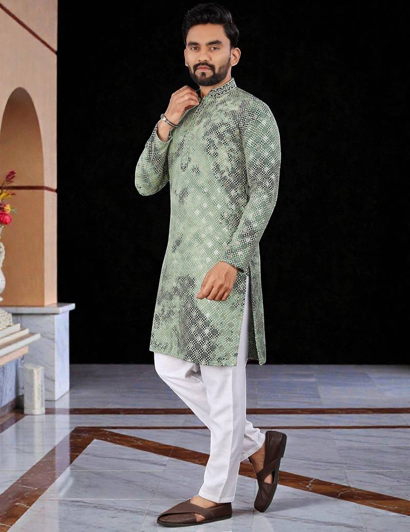 Green  chikankari embroidered   men's  viscose rayon kurta