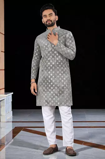 Grey  chikankari embroidered   men's  viscose rayon kurta