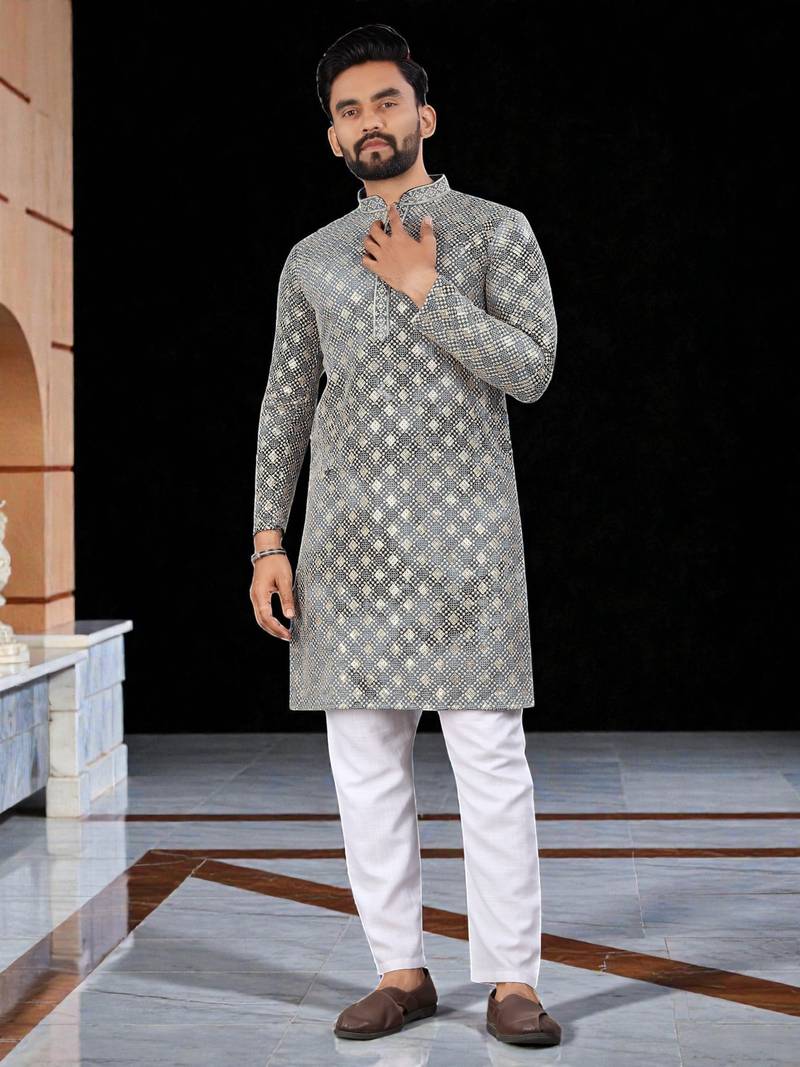 Grey  chikankari embroidered   men's  viscose rayon kurta