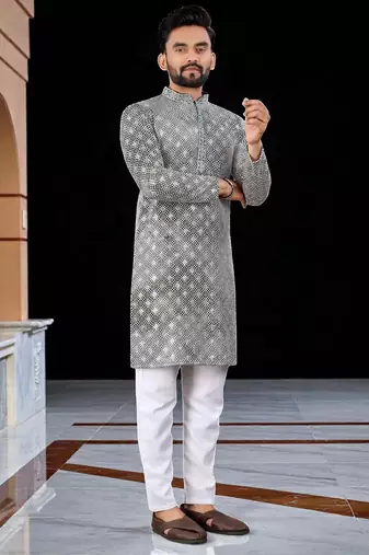 Grey  chikankari embroidered   men's  viscose rayon kurta