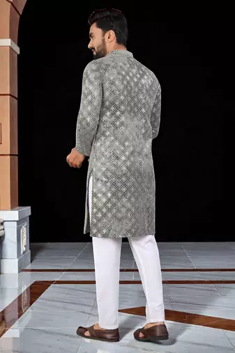 Grey  chikankari embroidered   men's  viscose rayon kurta
