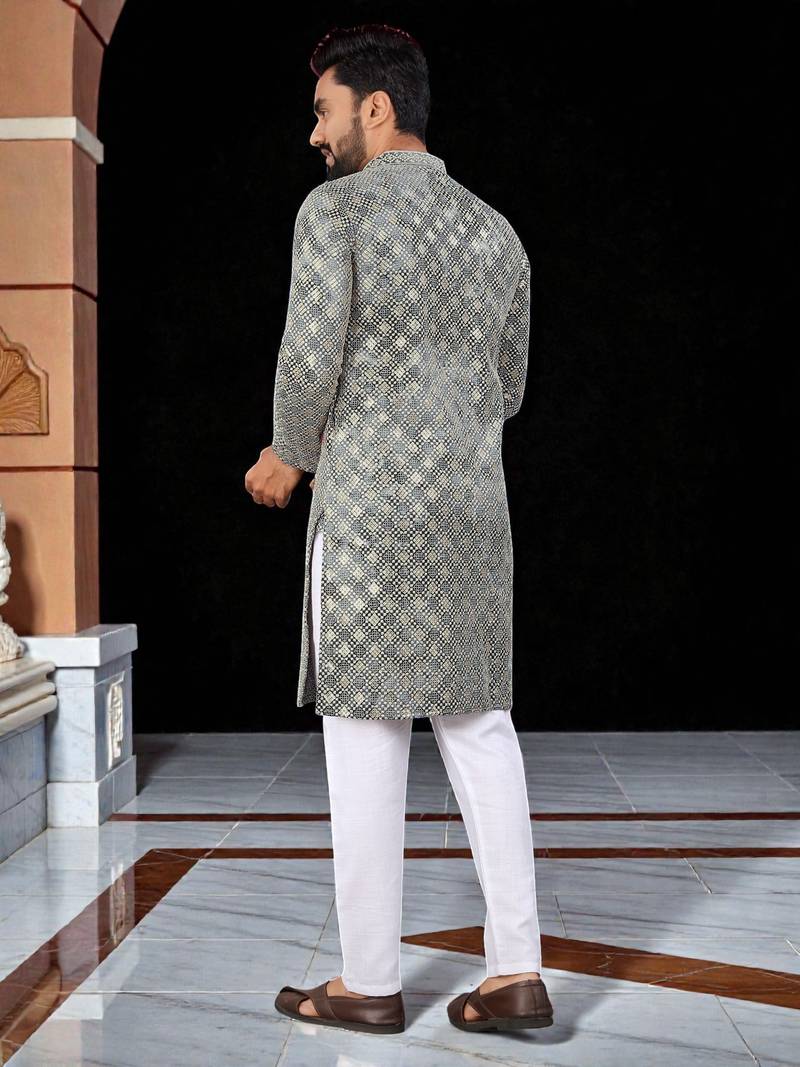 Grey  chikankari embroidered   men's  viscose rayon kurta