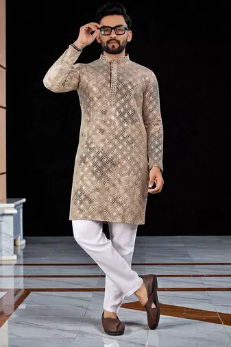 Peach  chikankari embroidered   men's  viscose rayon kurta